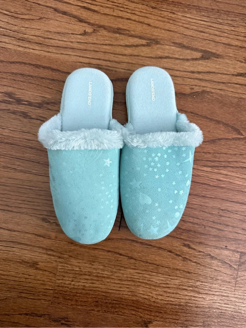 Lands' End Kids Slide Slippers with Faux Fur, Star & Heart Print Size 2
